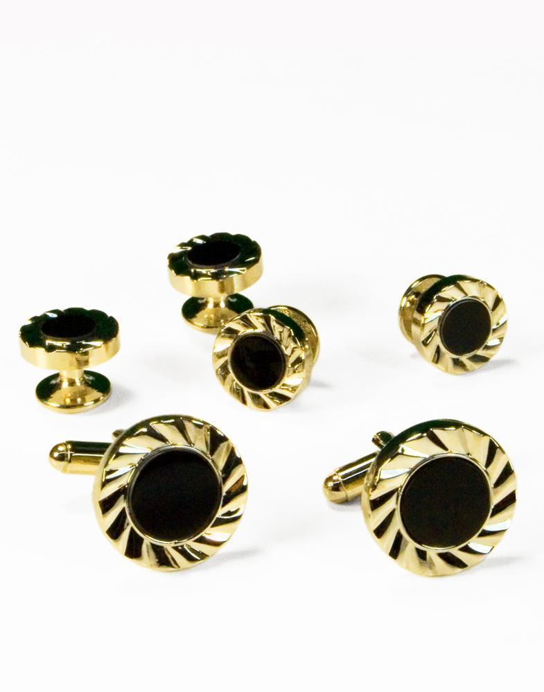 Black Circular Onyx with Gold or Silver Fan Cut Edge Studs 