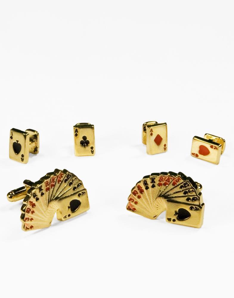 Casino Cards Gold Studs and Cufflinks Set - Gold - Set 