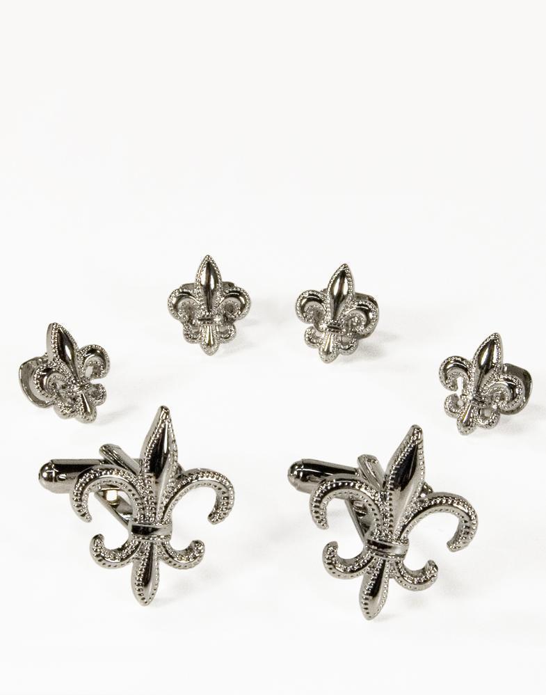 Fleur de Lis Gold or Silver Studs and Cufflinks Set - Silver