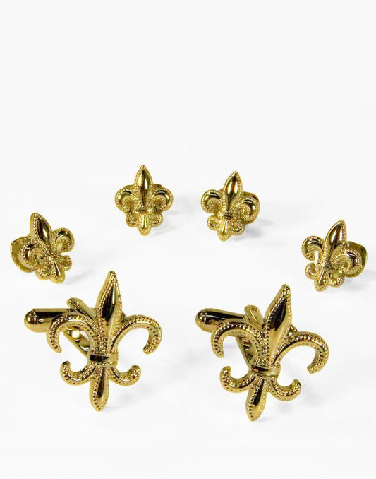 Fleur de Lis Gold or Silver Studs and Cufflinks Set - Gold -