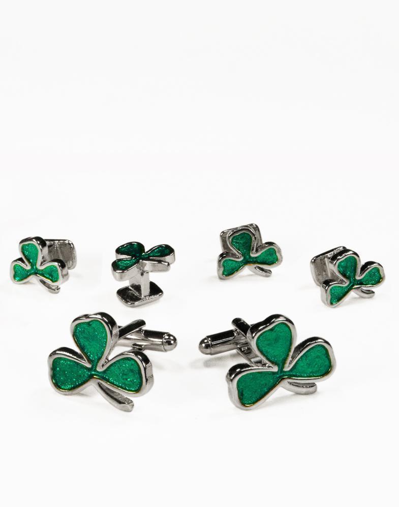 Irish Clovers Silver Studs and Cufflinks Set - Set Botones y