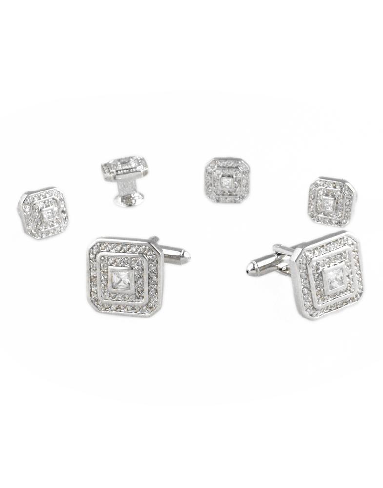 Square CZ with Silver Trim Studs and Cufflinks Set - Set 